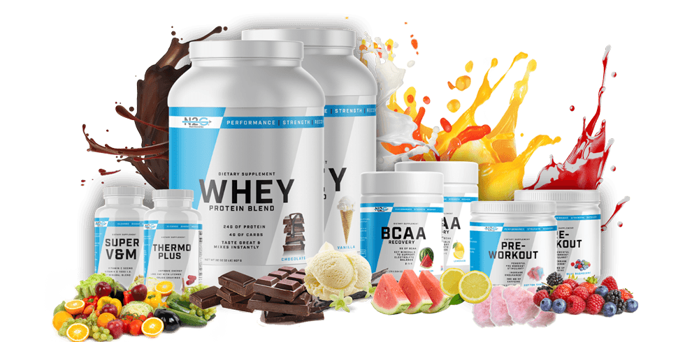 dynamic shot of a group of different fitness supplements and powders 