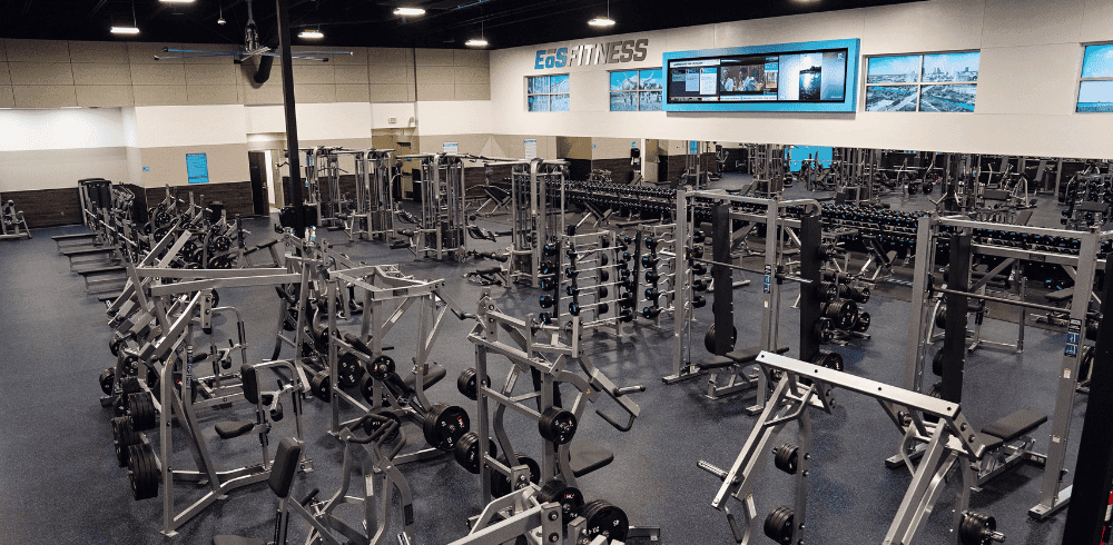 indoor shot of a modern eos gym showing of different strength and cardio equipment